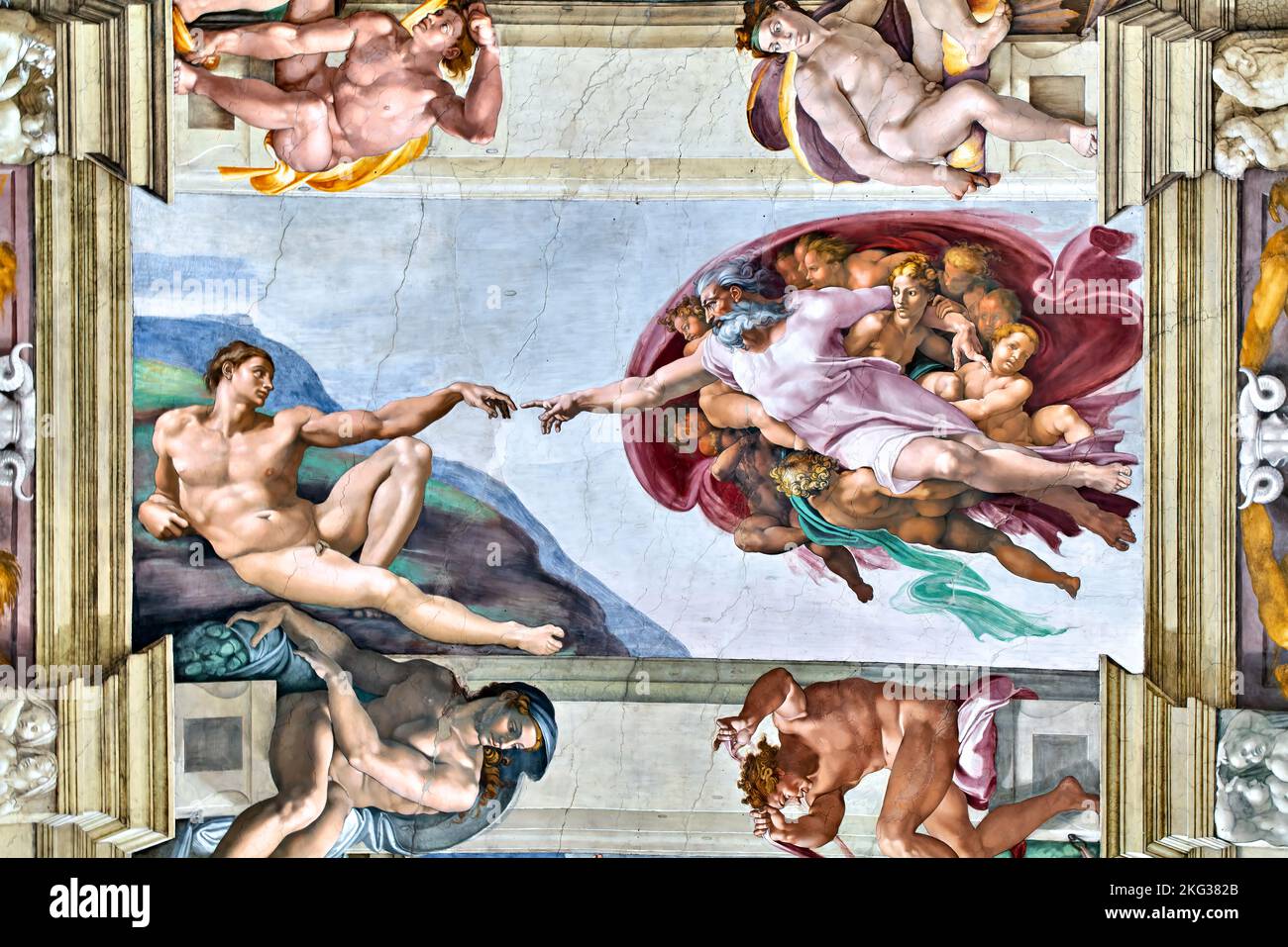 Rom Latium Italien. Die Vatikanischen Museen in der Vatikanstadt. Sixtinische Kapelle von Michelangelo. Die Schöpfung Adams Stockfoto
