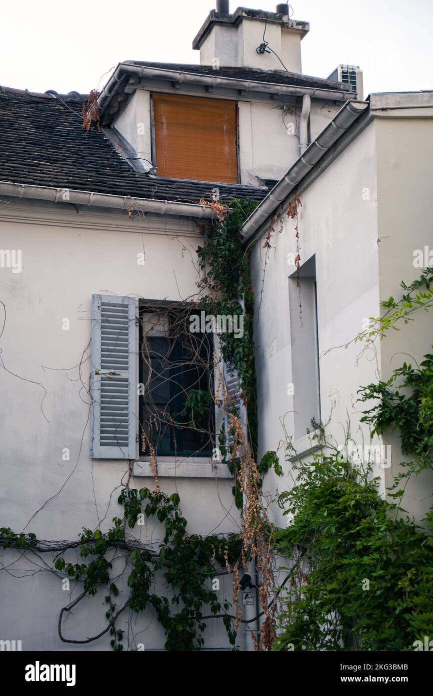 Ein altes traditionelles Haus mit grünen Pflanzen, das in der Nähe der hölzernen Fensterläden in Paris, Frankreich, klettert Stockfoto