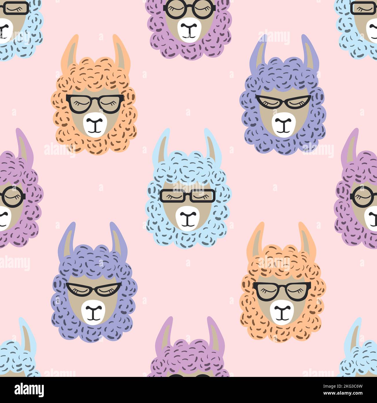 Niedliche lama Gesichter nahtlose Muster. Vektorhintergrund mit Lama Alpaca. Stock Vektor