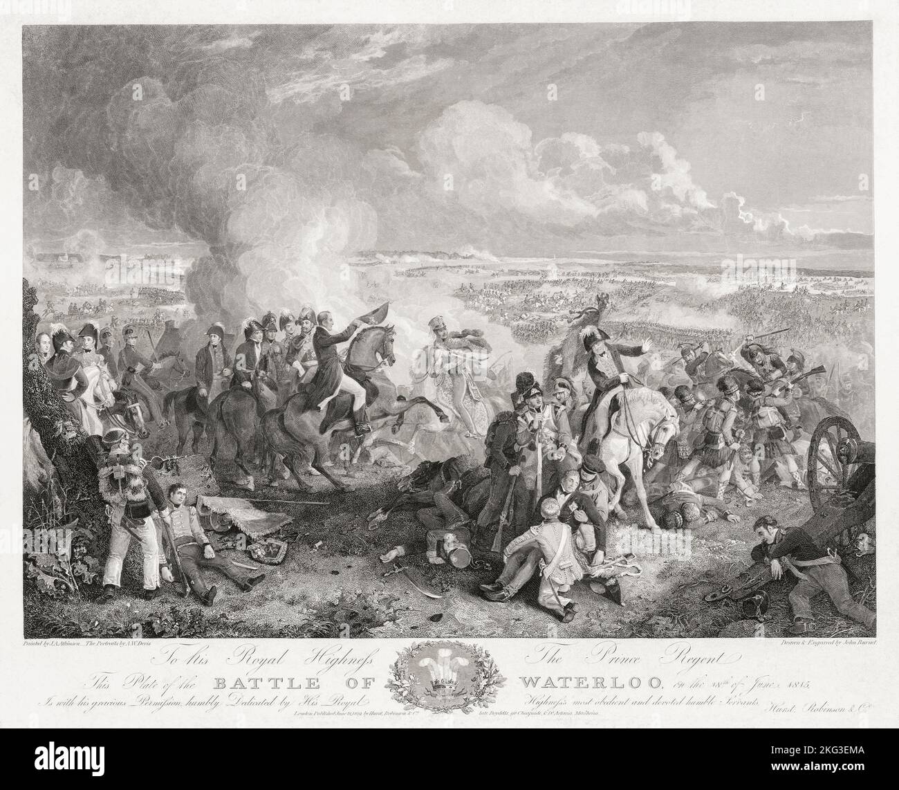 Die Schlacht von Waterloo, 18. Juni 1815. Der Herzog von Wellington zu Pferd mit dem Hut in der Hand, in der Mitte, hat die Nachricht erhalten, dass Feldmarschall von Blucher und seine preußischen Truppen auf dem Weg zur Schlacht sind. Nach einem Druck aus dem 19.. Jahrhundert von John Burnett. Stockfoto