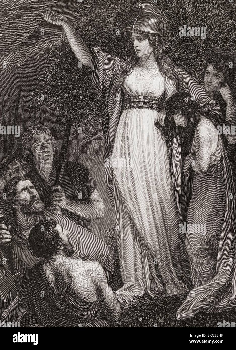 Boadicea bedrängt die Briten. Auch bekannt als Boudica, Boudicca, Boudicea, ? - 60 N. CHR. Königin des Iceni-Stammes der keltischen Briten. Sie führte einen Aufstand gegen die besetzenden Römer an. Aus einem Druck von Sharp, der 1795 nach dem Gemälde von John Opie veröffentlicht wurde. Stockfoto