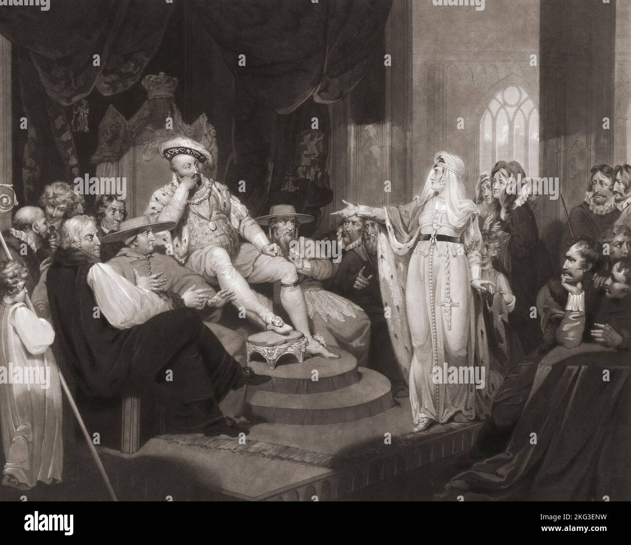 Katharina von Aragon plädierte vor König Heinrich VIII. Auf ihren eigenen Fall Nach einem Druck von William ward aus dem 18.. Jahrhundert nach dem Gemälde von Richard Westall. Stockfoto