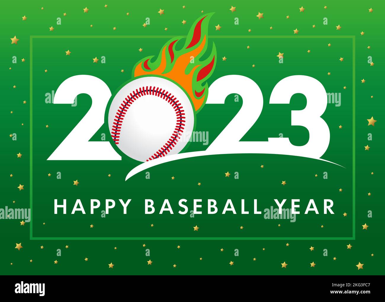 Happy Baseballjahr 2023, grünes Banner. Sport Cover Hintergrund Logo 2023 mit Ball in Brand. Vektorgrafik für Turnierdesign oder Wettbewerb Stock Vektor