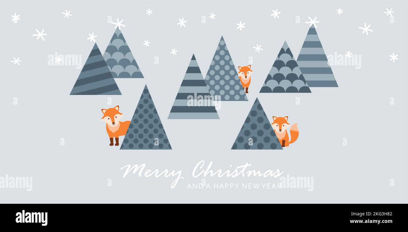 weihnachtskarte mit Wintertannen und niedlichem Fuchs Stock Vektor