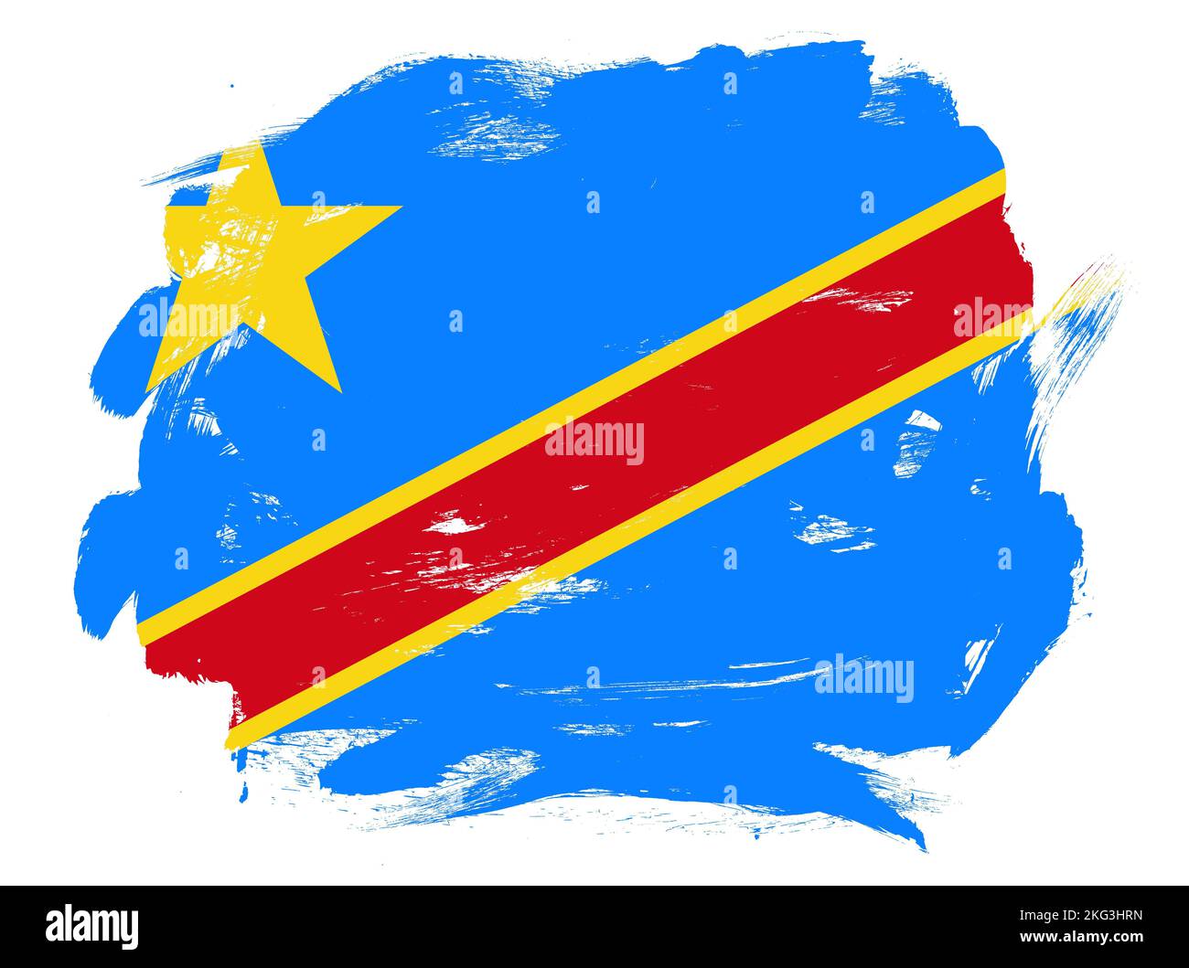 Flagge der demokratischen republik kongo auf abstraktem weißem Strichpinsel-Hintergrund Stockfoto