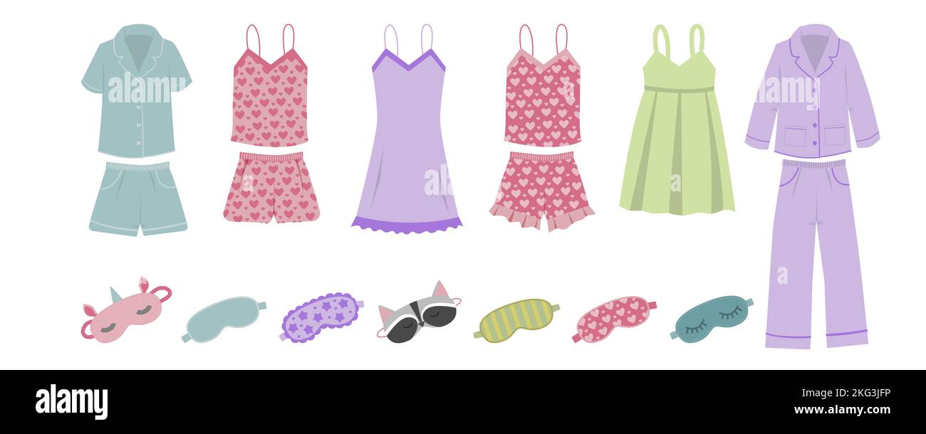 Schlafanzug für Damen, Nachtwäsche für Damen, modische Kollektion Schlafanzug-Set. Vektor im flachen Stil Stock Vektor