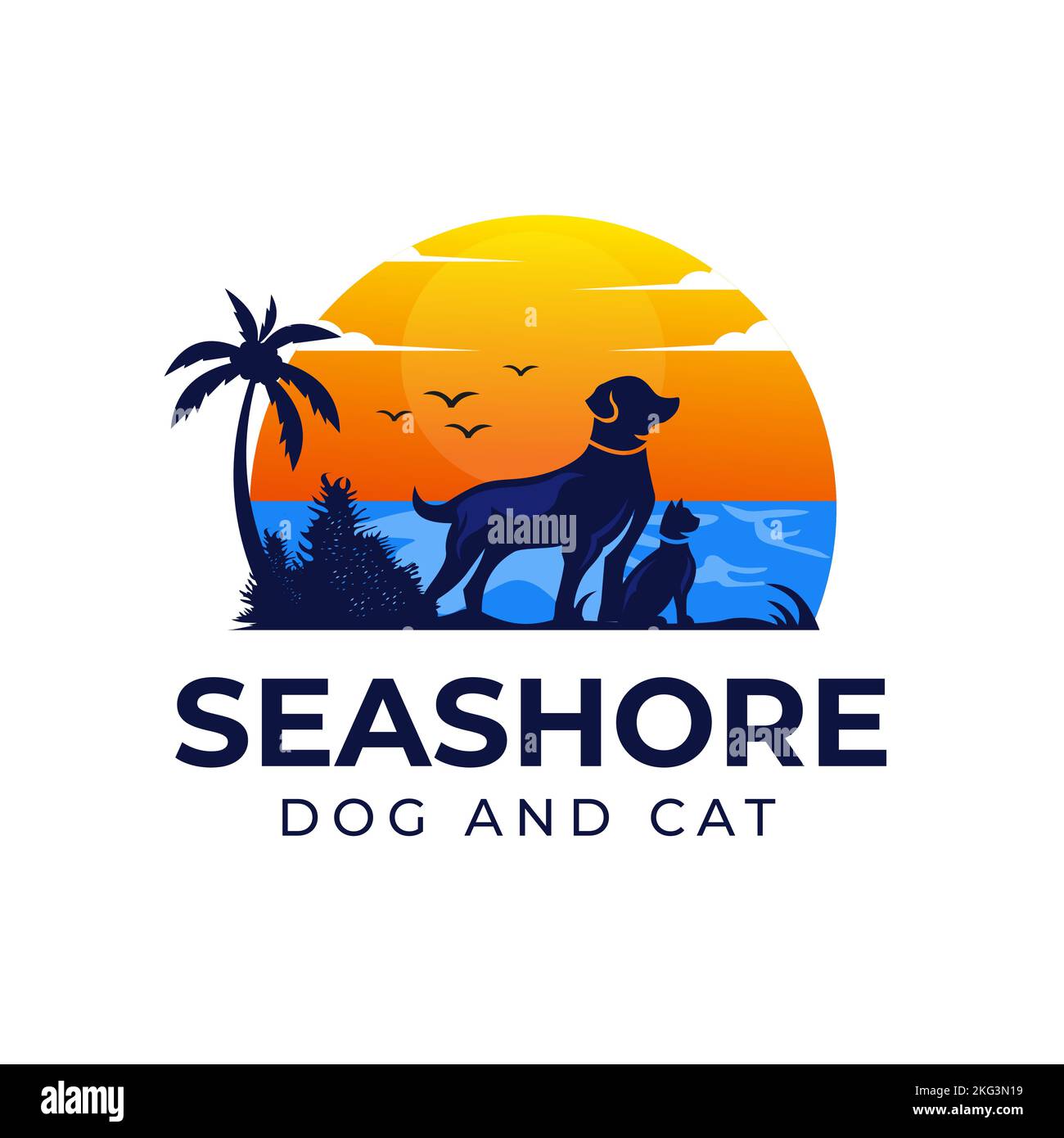 Vektor-Illustration Haustiere Hund und Katze Insel Blick Hintergrund, See, Sonne kann PET-Shop verwendet werden Stock Vektor