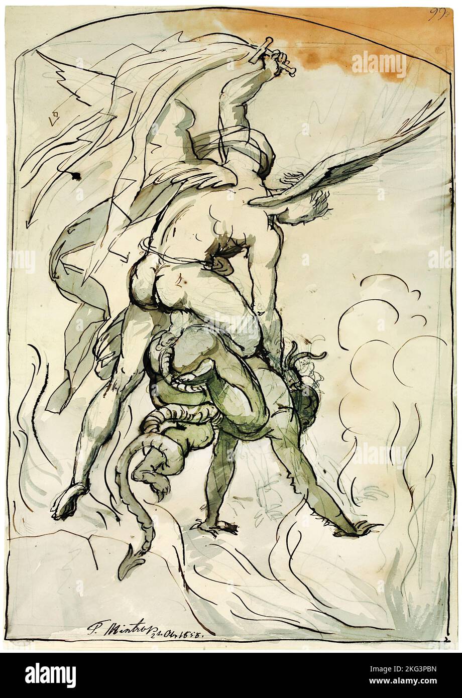 Theodor Mintrop; St. Michael Fighting the Devil; 1858; Tintenstift auf Papier; Museum Kunstpalast, Düsseldorf, Deutschland. Stockfoto