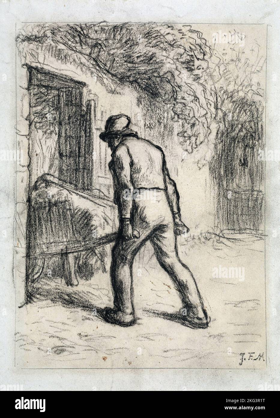 Jean-Francois Millet; Studie für den Mann mit einer Schubkarre; um 1855-1856; schwarzer conte-Buntstift auf beigefarbenem Wove-Papier; Museum of Fine Arts Boston, USA. Stockfoto