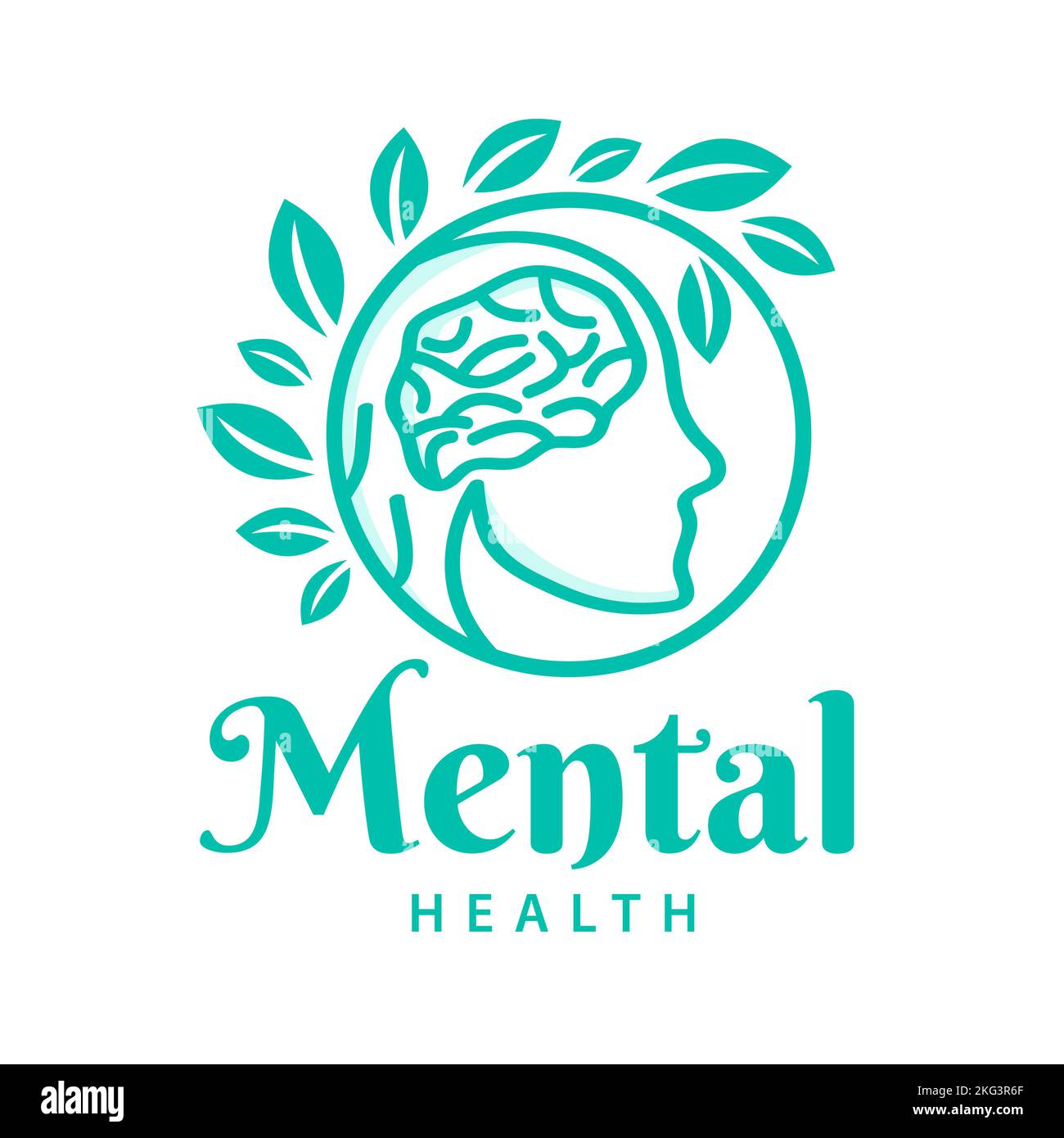 Mental Health Logo mit Gehirn und grünen Blättern. Vektor-Konzept für Krankenhaus, menschlicher Kopf. Anatomie des menschlichen Gehirns Stock Vektor
