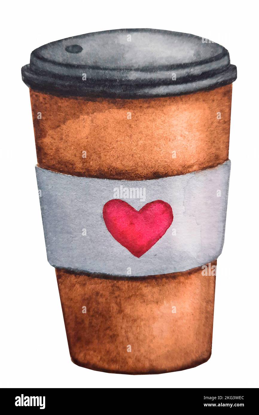 Pappbecher mit Kaffee. Kaffee Zum Mitnehmen. Romantische Aquarelle. Stockfoto