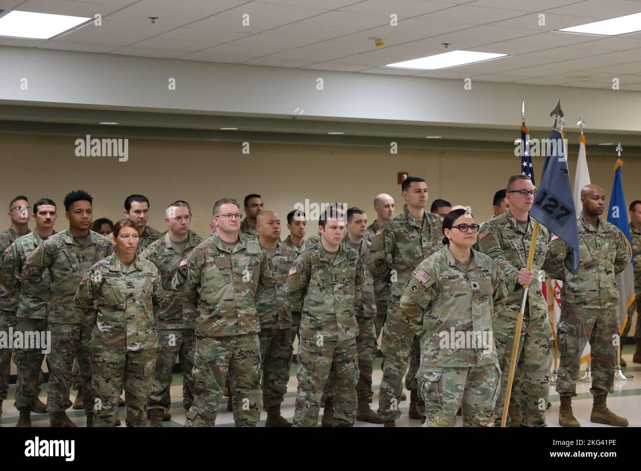 FORT GEORGE G. MEADE, MD. – Die scheidende Task Force Echo (TFE) VI-Formation, die hauptsächlich dem Cyber Protection Bataillon (CPB) von 127. zugeordnet ist, setzt sich aus Soldaten der Nationalgarde der Armee aus Indiana, Georgia, Louisiana, Mississippi und Texas zusammen, Mit zusätzlichen Soldaten aus Florida, Kentucky, New York, North Carolina und Virginia. TFE VI wurde von Oberstleutn Rose Gilroy, Kommandant der CPB von 127., mit Command Sgt kommandiert. Maj. Kermit Harless als hochrangiger Anführer. Stockfoto