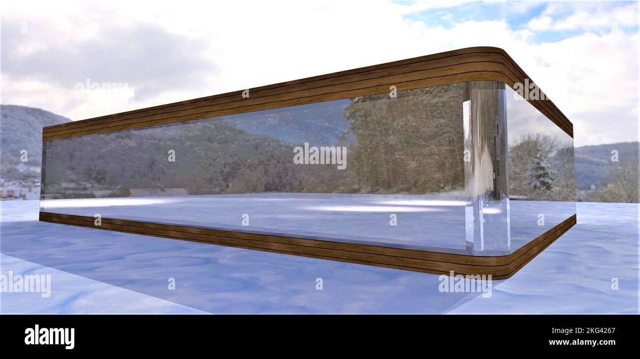 Konzeptionierung eines futuristischen Landhauses im skandinavischen Stil. Sicht, Wärmeeinsparung und Ergonomie auf einer verschneiten Wiese. 3D-Rendering. Stockfoto
