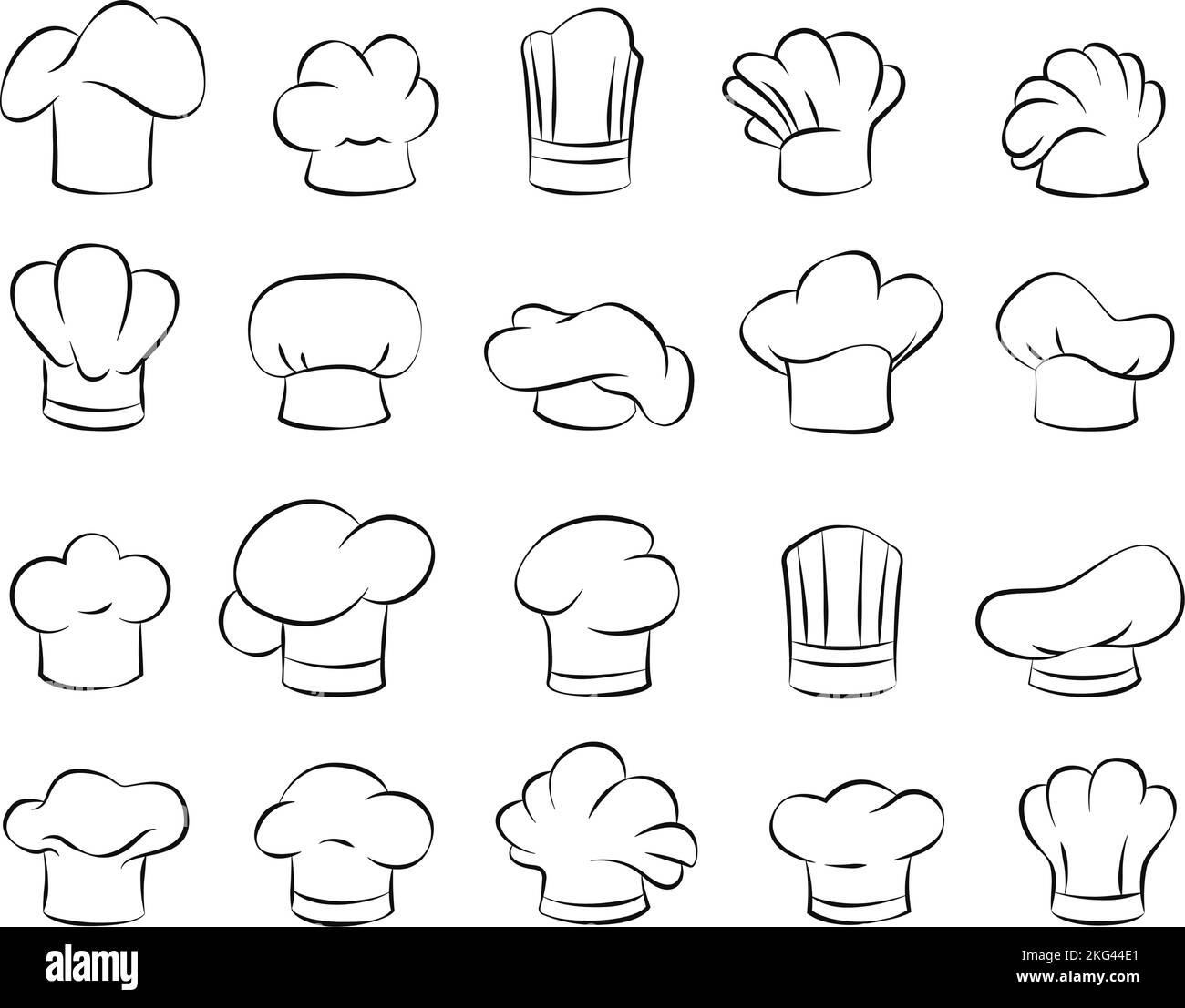 Skizzieren Sie Hüte für Köche. Küchenmütze, Kochmütze und handgezeichneter Koch Symbol Vektor-Illustration-Set Stock Vektor
