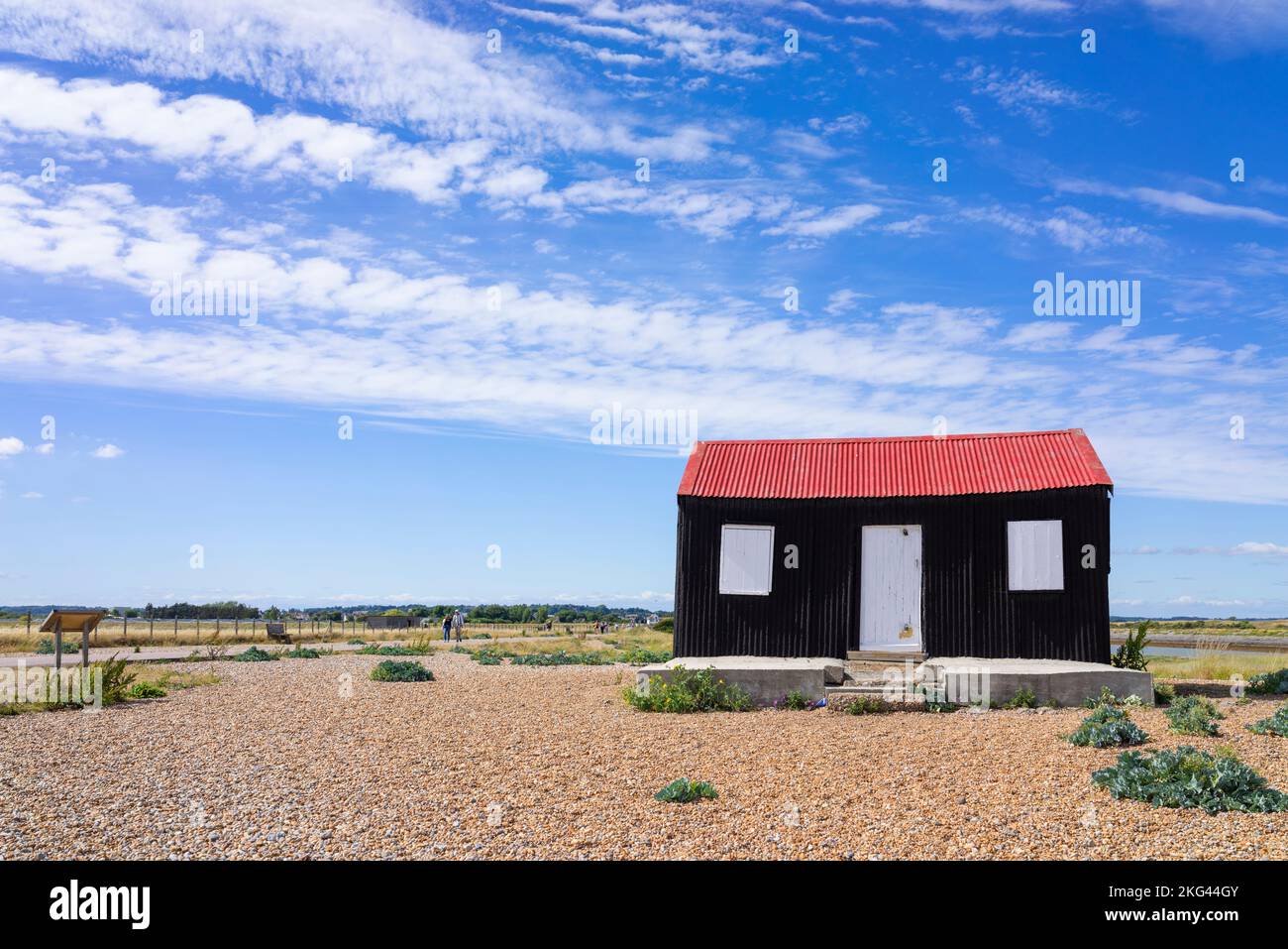 Rye Harbour Nature Reserve Red Roofed Hut Rye Harbour Rye Sussex England GB Europa Stockfoto
