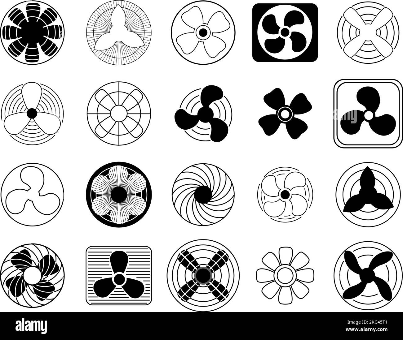 Kühllüfter. Coole Propellerblätter, Symbole für Klimageräte und elektrischer Windlüfter. Vektorsymbole für Computerkühler eingestellt Stock Vektor