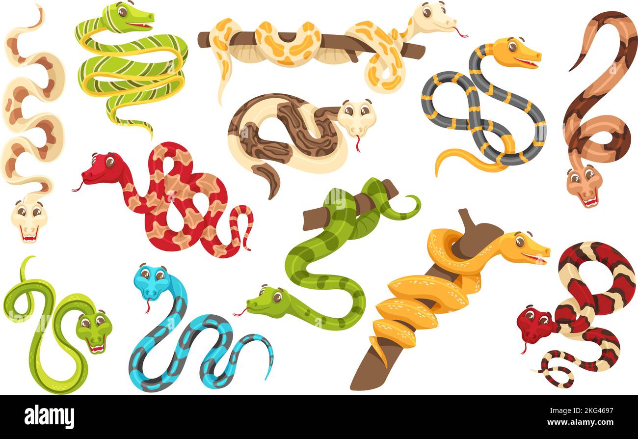 Cartoon Schlangen in verschiedenen Posen. Anaconda Maskottchen, niedliche Schlange und lustige tropische Reptilien Vektor-Zeichen gesetzt Stock Vektor