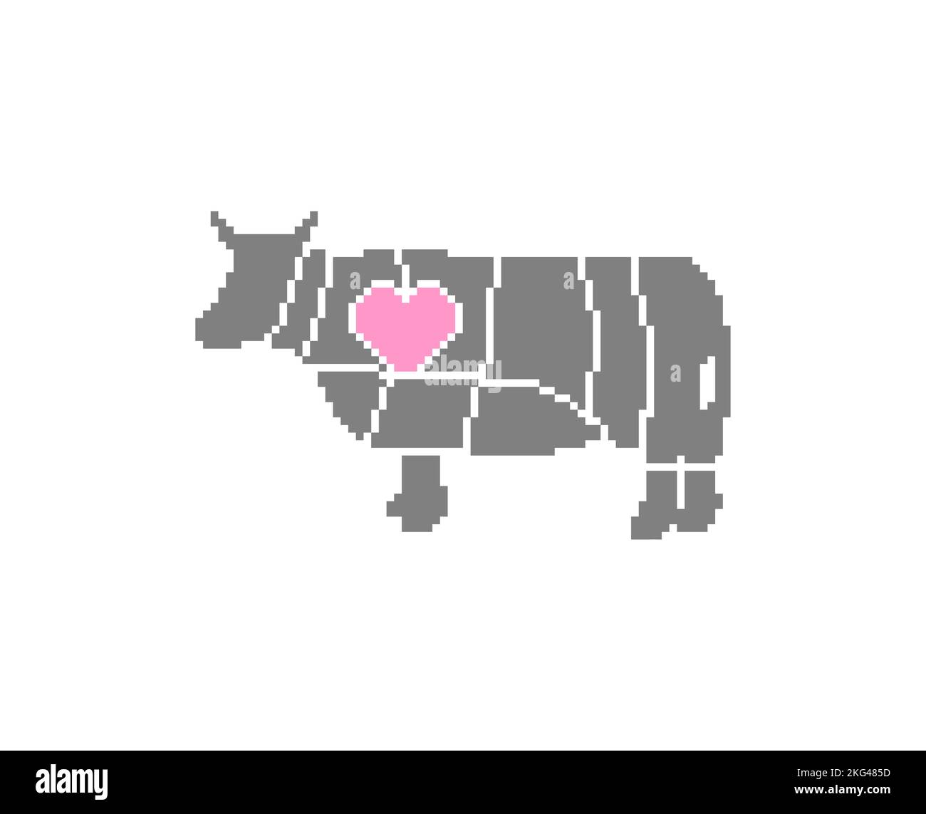 Kuh schneidet Fleisch Pixel Art. 8 Bit Metzger Manuelles Schlachten Rinderkadaver pixeliert Stock Vektor