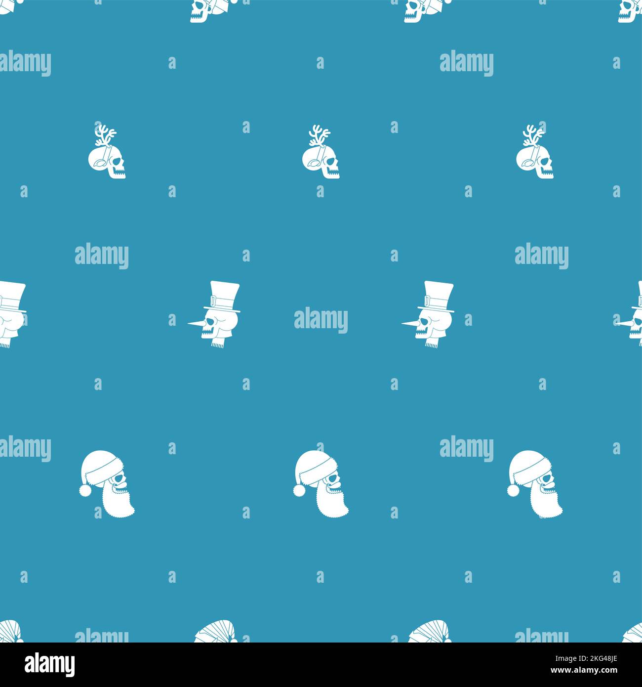 Weihnachten Totenköpfe Muster nahtlos. Skelett Kopf des Weihnachtsmanns und seine Helfer Textur. Weihnachten und Neujahr beängstigender Hintergrund. Stock Vektor