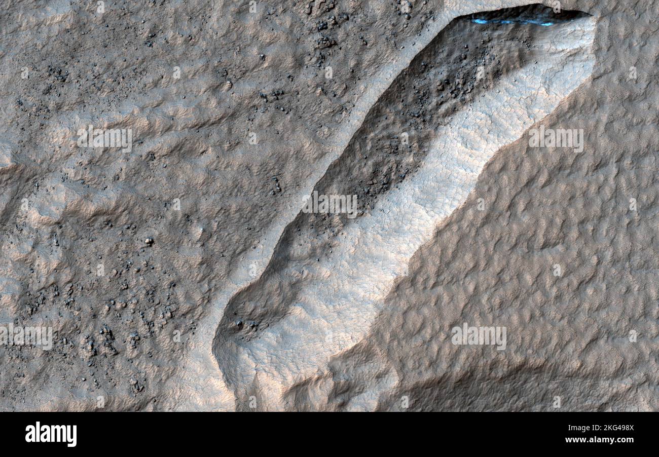 Die Geschichte eines sich zurückziehenden Schals. Diese Szene am Nordrand des Secchi-Kraters zeigt eine merkwürdige Depression mit Zick-Zack-Wänden. Einige der linearen Grate auf dem Boden dieser Funktion sind mit ihnen ausgerichtet. An einigen Stellen auf dem Mars werden Staub und Schmutz mit Eis vermischt, das eine felsige Oberfläche bedeckt. Wenn die Sonne scheint, kann das Eis sublimieren (sich direkt in einen Dampf verwandeln) und Staub und Schmutz kollabieren. Dies kann Gruben und Vertiefungen mit einer linearen Wand bilden, die häufig parallel zum Äquator verläuft, und diese Wand zieht sich in Richtung Äquator zurück. Dieser Rückzug begann höchstwahrscheinlich am südlichen Ende und wuchs t Stockfoto