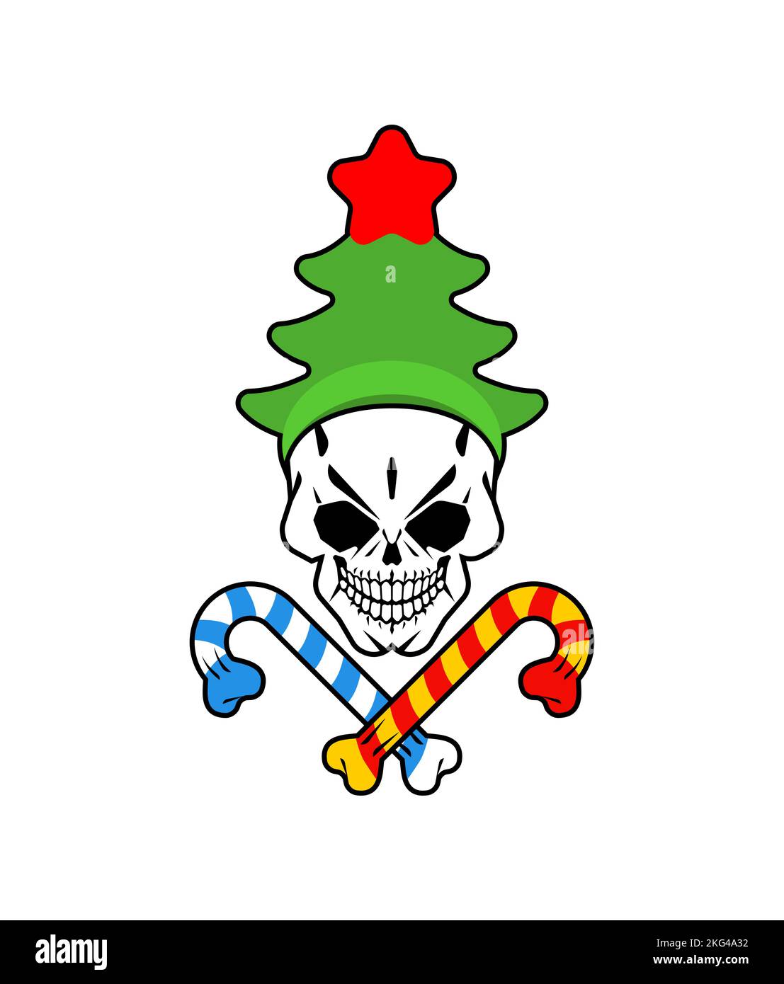 Totenkopf in Weihnachtsbaum Hut. Beängstigende Illustration von Weihnachten und Neujahr. Stock Vektor