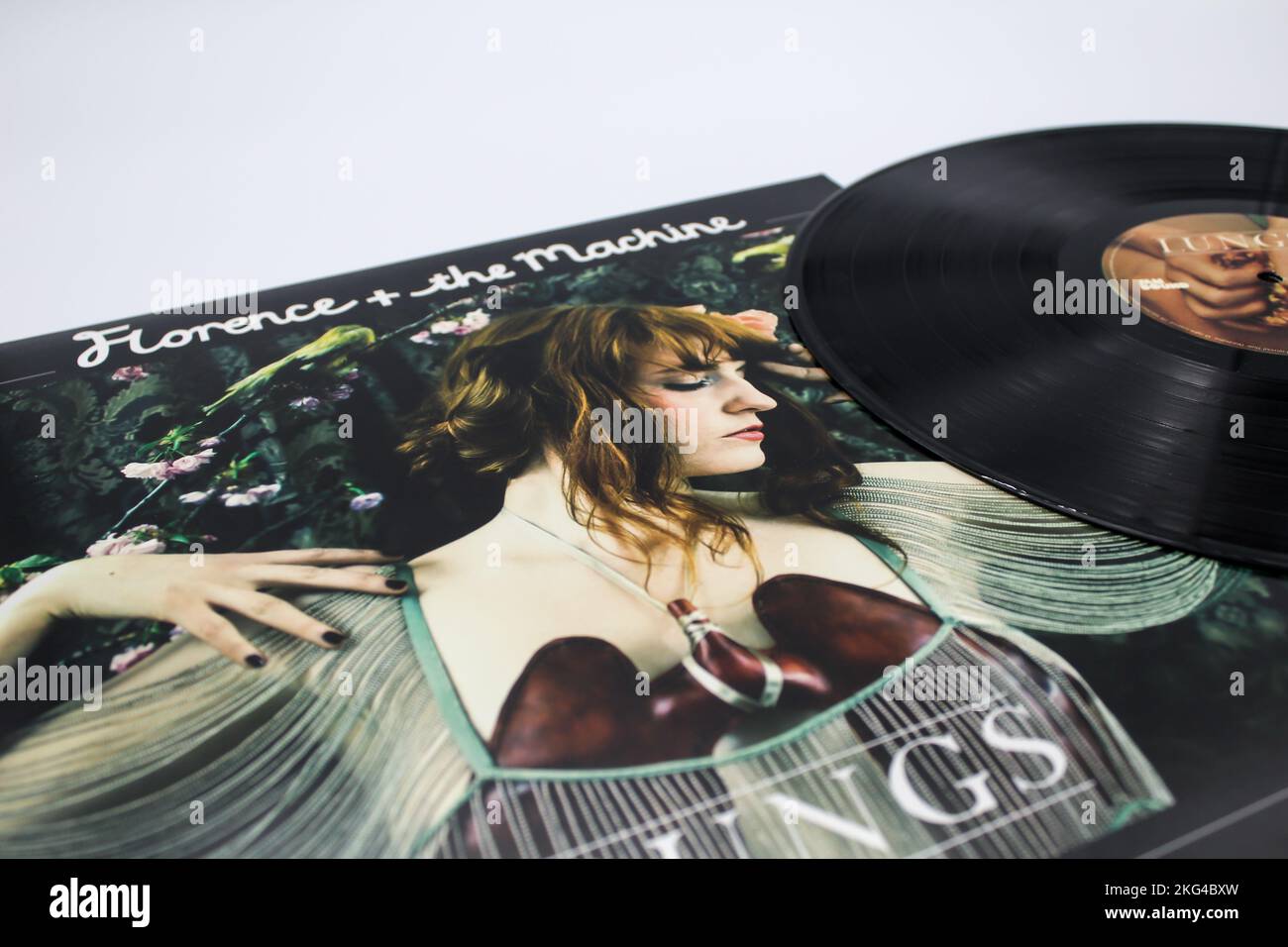 Florence und das Musikalbum der Maschine auf Schallplatten-LP-Disc. Die Akte heißt Lunge. Stockfoto