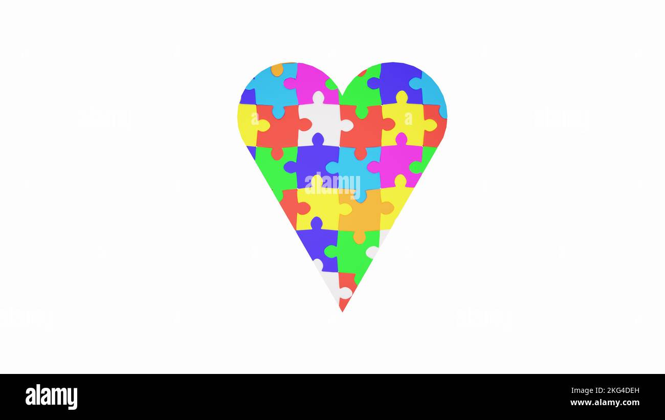 Das Symbol für Autismus ist ein mehrfarbiger Puzzle in Form eines Herzens in den Händen fürsorglicher Eltern. Pflege und Liebe für Kinder Autismus Spektrum disor Stockfoto