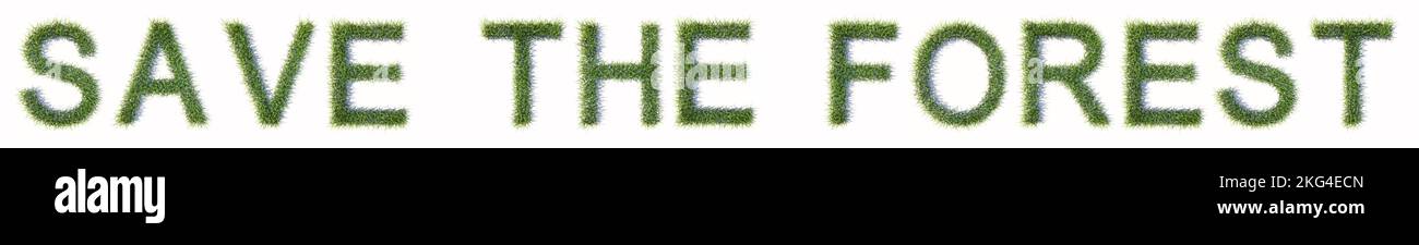 Konzept oder konzeptionelle Grünrasenbildung SPEICHERT DEN WALDTEXT isoliert auf weißem Hintergrund. 3D-Abbildung Metapher für Umwelt, Natur Stockfoto
