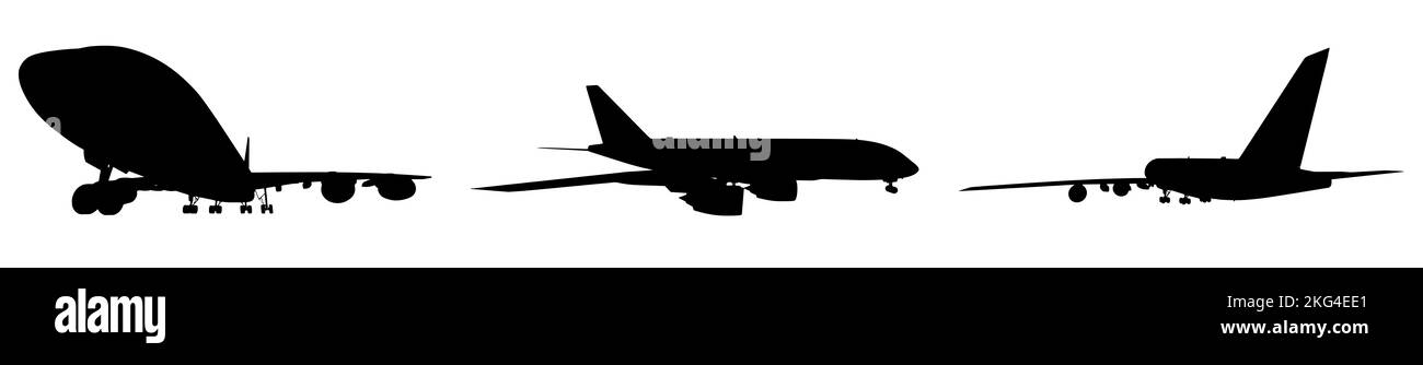 Konzeptioneller Satz aus drei fliegenden schwarzen Passagierjetlinern oder kommerziellen Flugzeugen, isoliert auf weißem Hintergrund. 3D Abbildung für Düsentransport Stockfoto