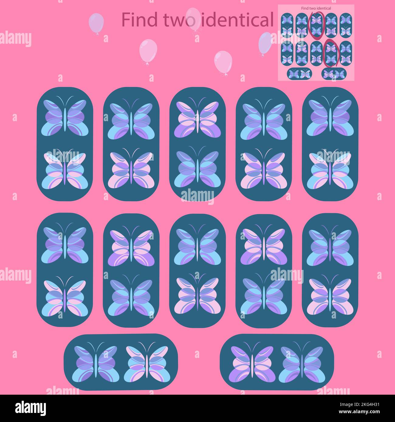 Finde zwei identische Bilder im Schmetterlingspuzzle für Kinder unter 6 Jahren Stock Vektor
