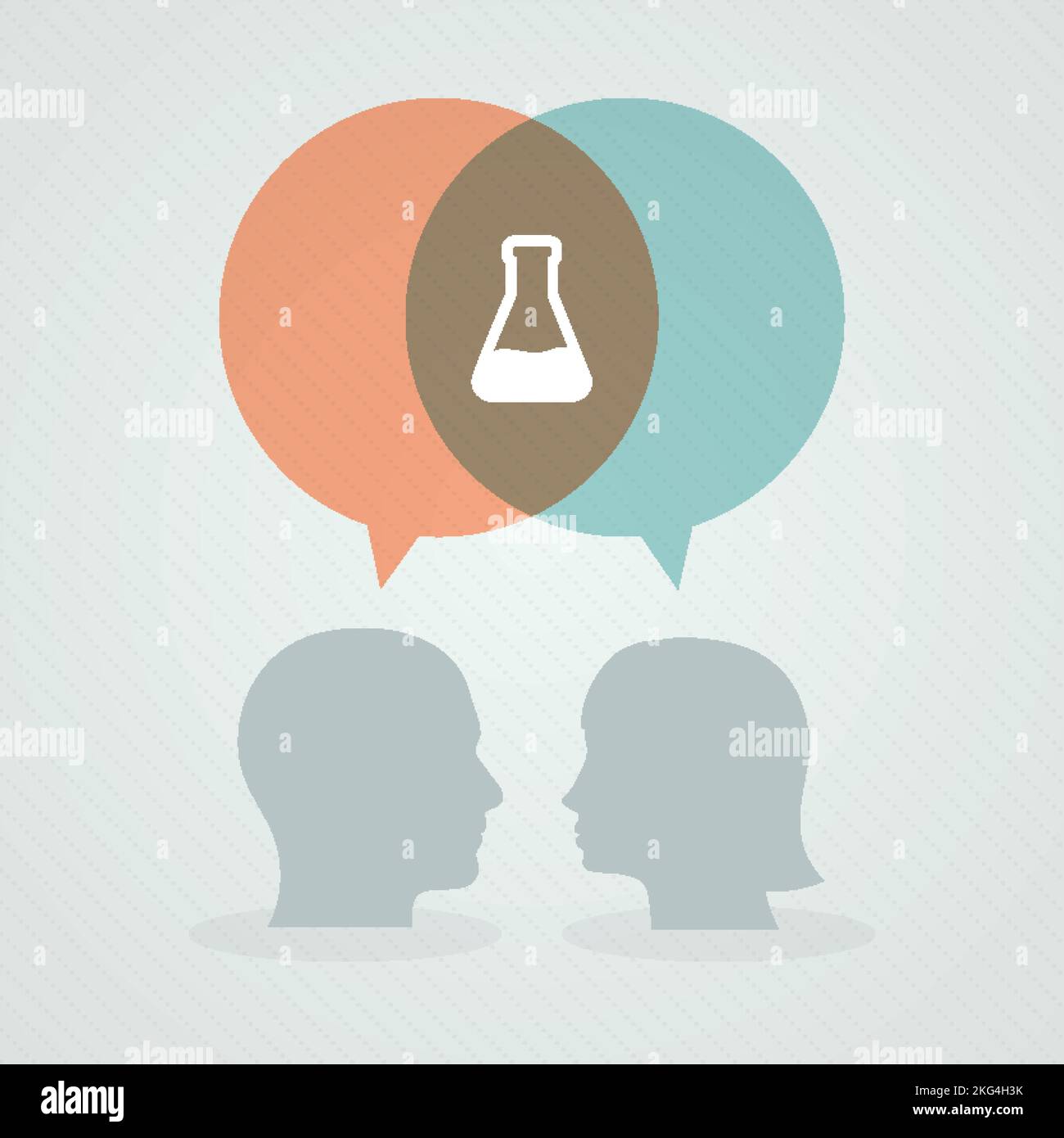 Dialog über Chemie. Sprechblasen, Frauen- und Männerkopf. Vektorgrafik, flaches Design Stock Vektor