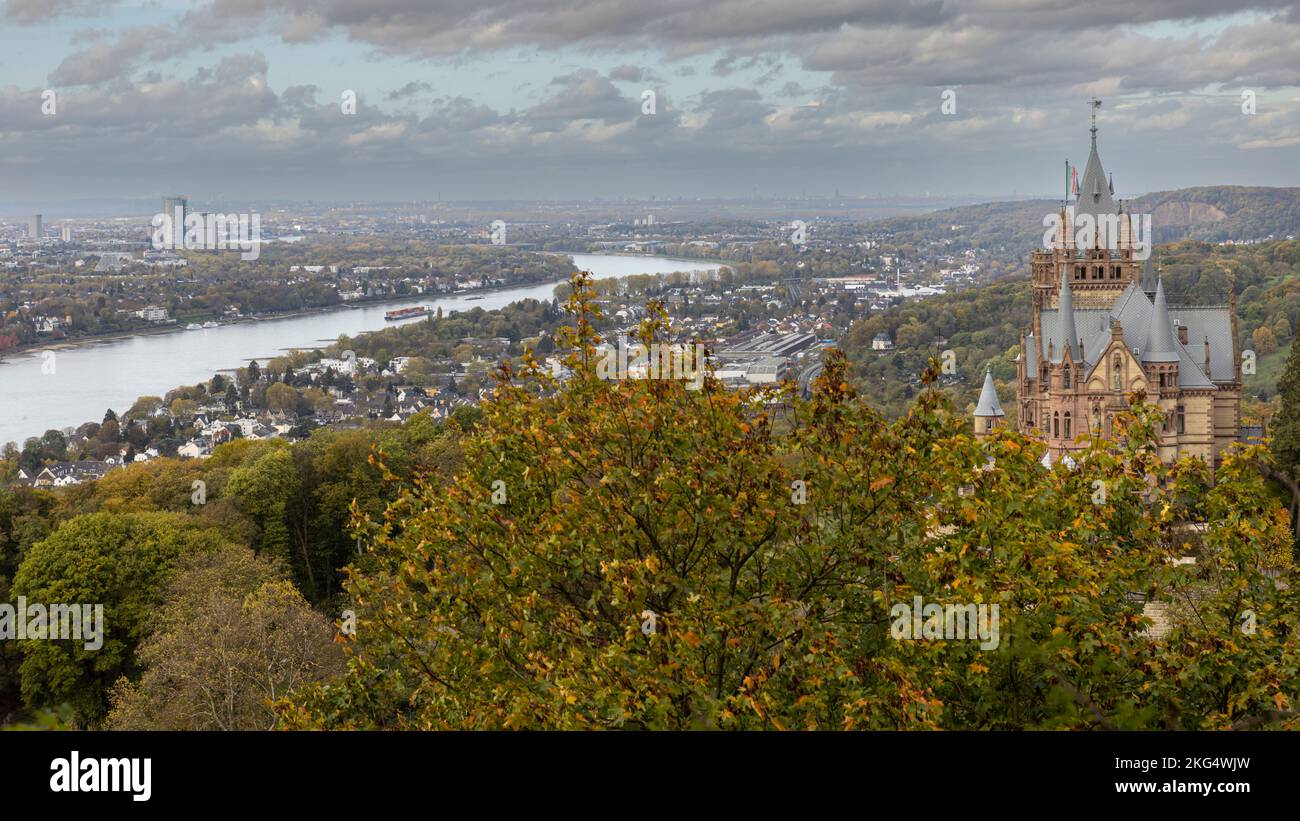 Der Rhein fließt an einem Herbsttag durch die deutsche Landschaft Stockfoto