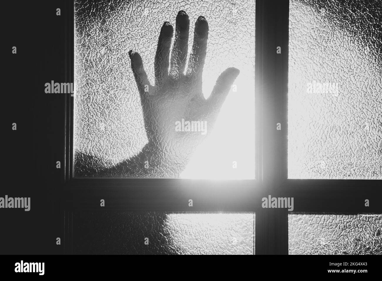 Hände an die Glastür im Haus im Dunkeln wie ein Schatten, Angst, Hilfe, Gewalt Stockfoto
