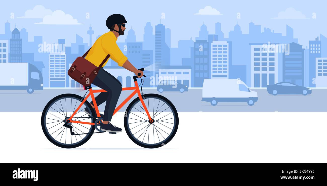 Mann auf dem Fahrrad auf der Stadtstraße, Konzept für nachhaltige Mobilität, leerer Kopierraum Stock Vektor