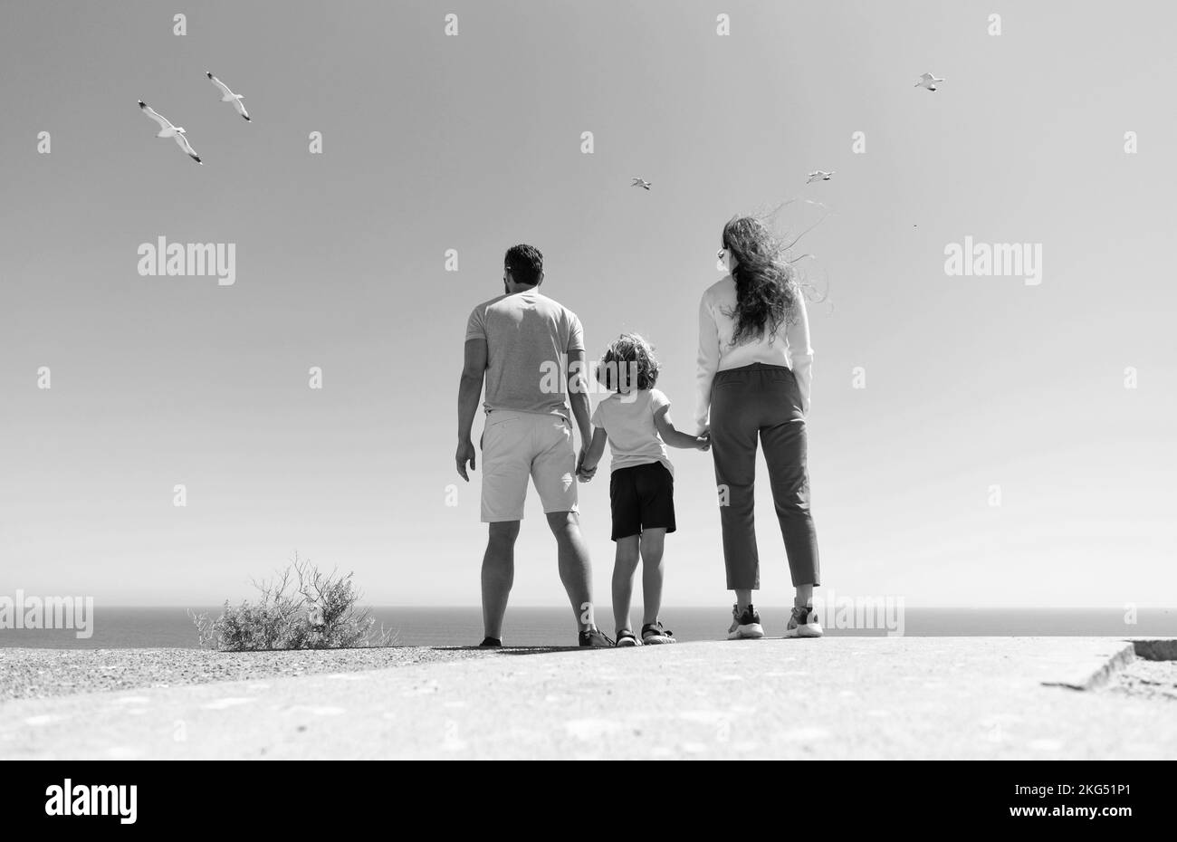 Familie von Mutter Vater und Junge, die in Zukunft Hände im Sommer halten, Rückansicht, Lebensversicherung Stockfoto