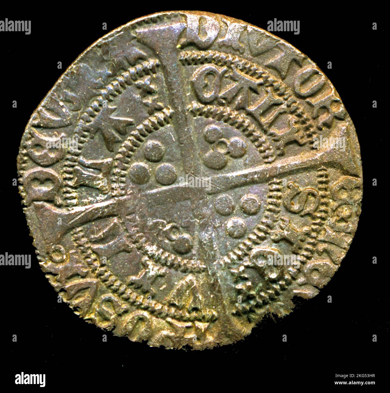 Silver Groat, Herrschaft Heinrich 6., geprägt 1422-1427, mittelalterliche Münze, Münzen, Calais Münze, Metalldetektoren finden, rückwärts Stockfoto