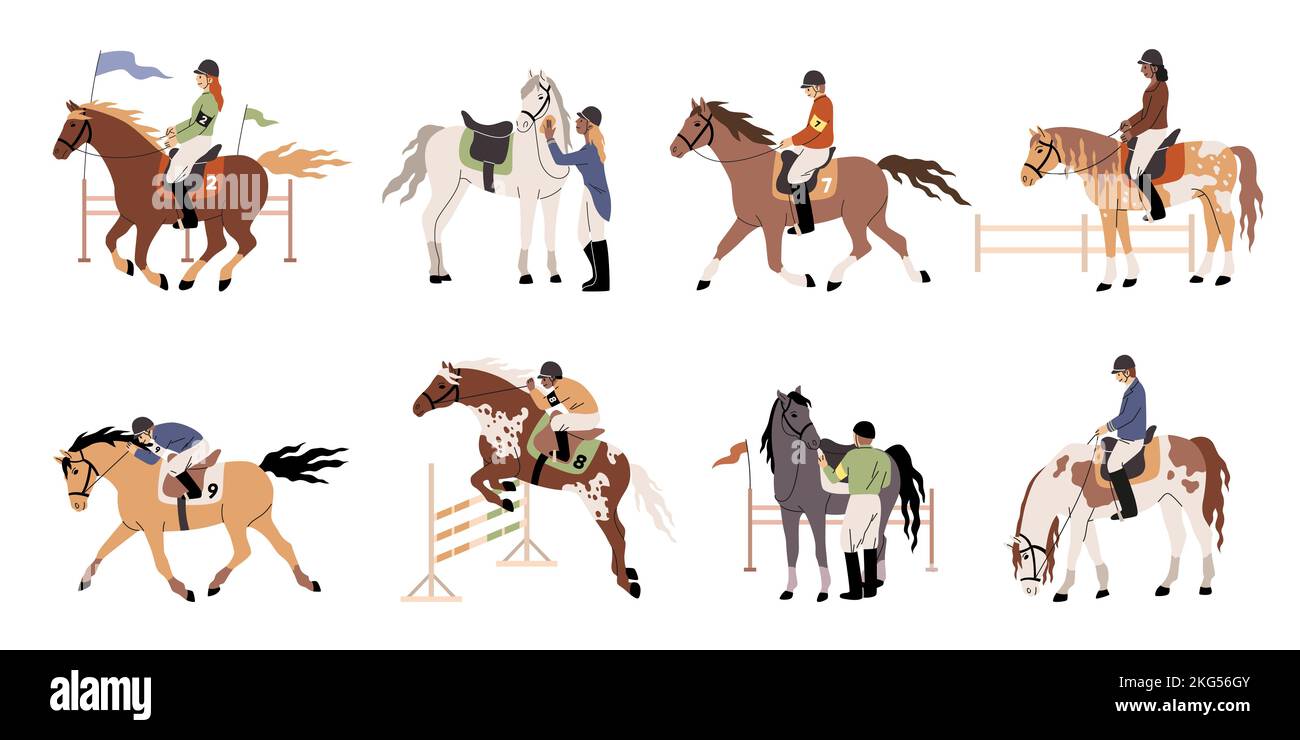 Menschen, die auf Pferden reiten. Reiter in Jockey-Kleidung und Helmen, professioneller Reitsport, Reittraining, verschiedene Hengste, Galopp und Sprung, Männlich und Stock Vektor