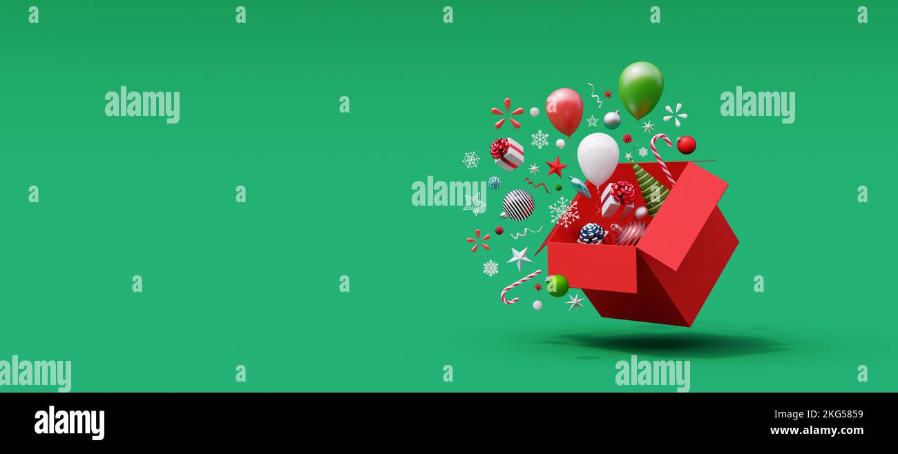 Weihnachtsdekoration und Ballons springen aus der Verpackung auf grünem Hintergrund mit Kopierraum 3D Rendern 3D Abbildung Stockfoto