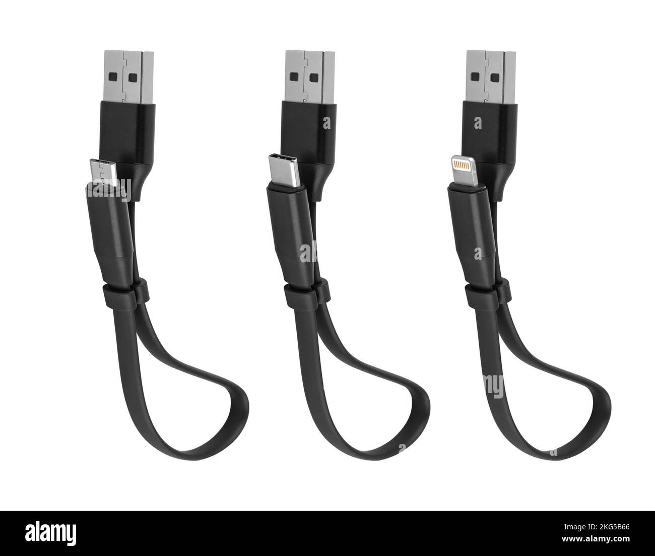 Kabel mit Micro-USB-USB-Lightning-Anschluss Typ C auf weißem Hintergrund Stockfoto