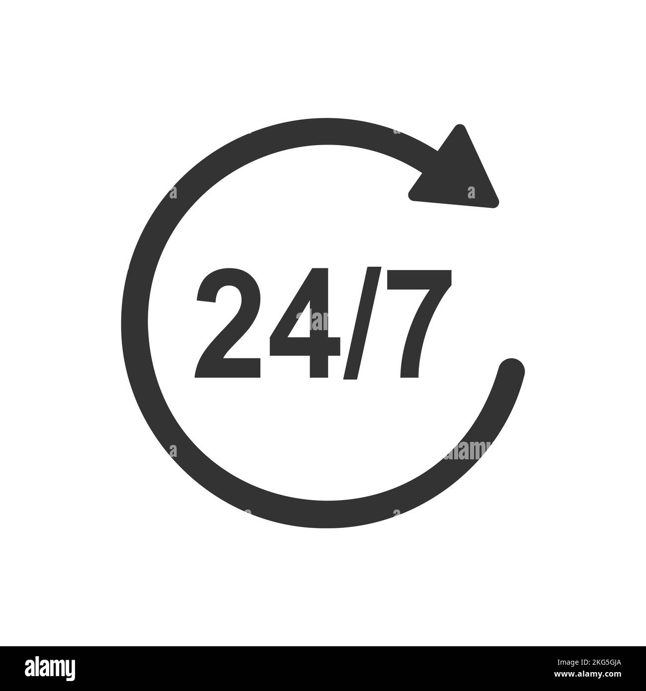 24 7 Symbol mit Zahlen in rotierendem Pfeil. Aufkleber für den Kundendienst rund um die Uhr. 24 Stunden Open Store, Tankstelle, Lieferschild isoliert auf weißem Hintergrund. Vektorgrafik Stock Vektor