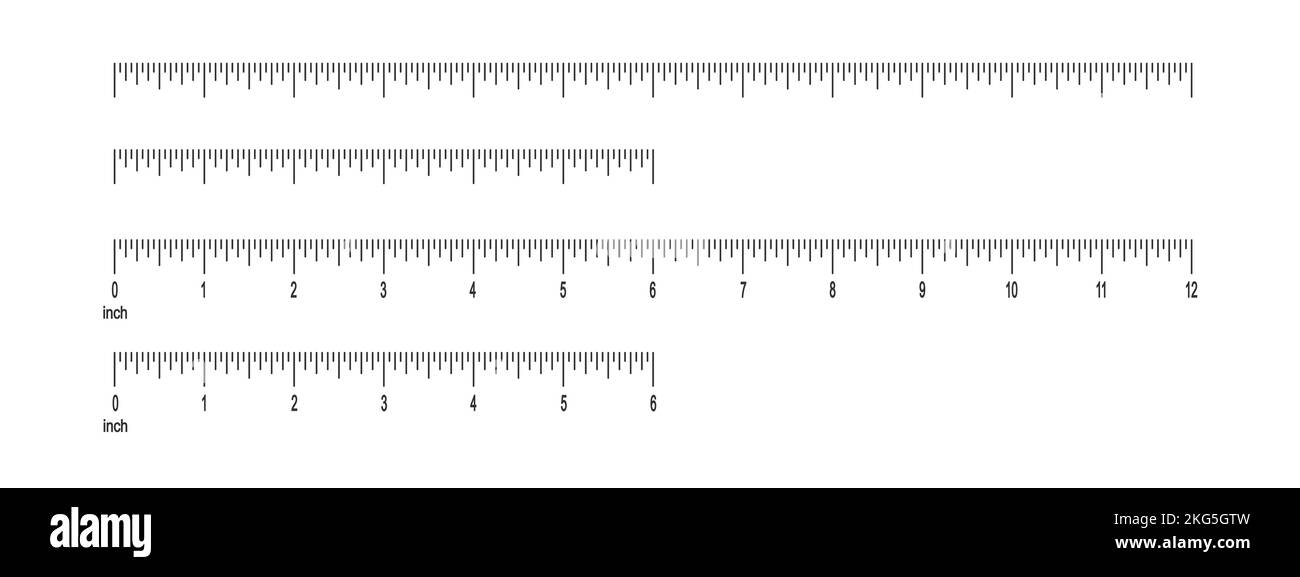 6- und 12-Zoll-Linealskala mit und ohne Zahlen. 1 Fuß-Messkarte mit Markup. Math- oder Nähwerkzeug zur Messung von Distanz, Höhe oder Länge. Vektorgrafik Stock Vektor