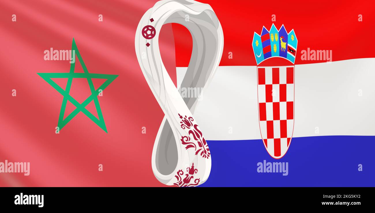 Rendering der Flagge der Nationalmannschaften Marokko gegen Kroatien bei der FIFA 2022 in Katar. Entwicklung der Flagge der Teams der Weltmeisterschaft. Stockfoto