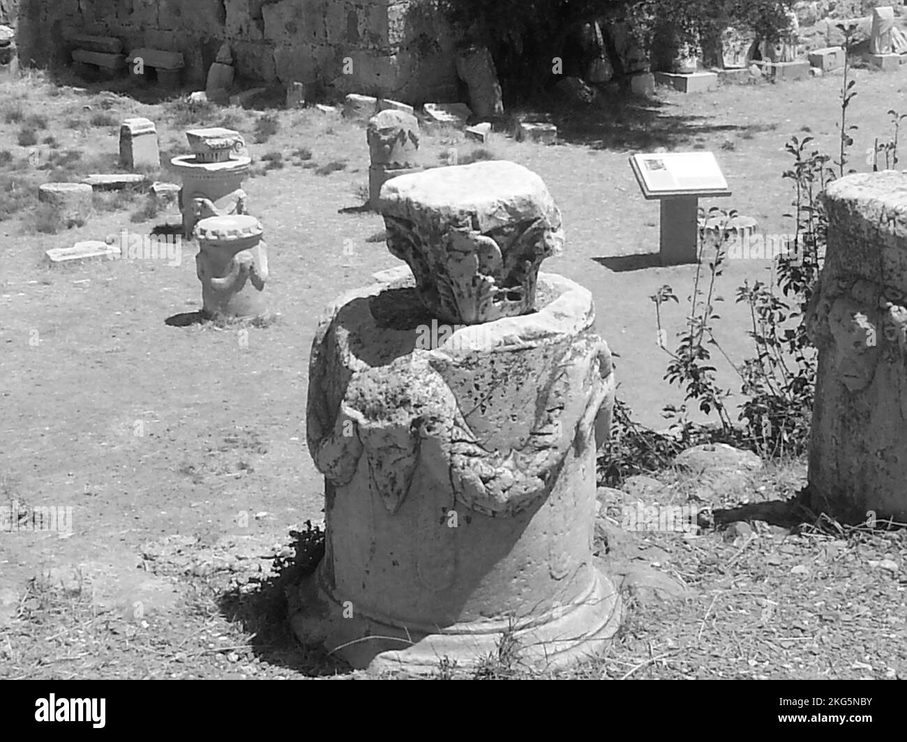 Eine Graustufenaufnahme von antiken Ruinen, historischen Säulen im Gereion-Tempel in Griechenland Stockfoto
