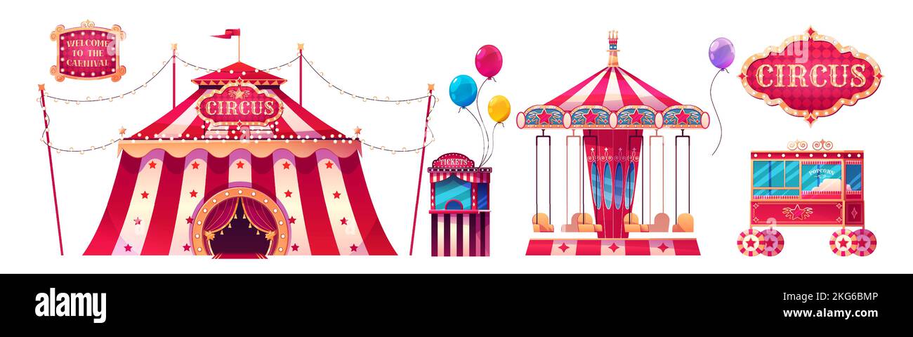 Zirkuszelt, Karussell, Ticketschalter und Popcornwagen. Karneval Kirmes, Vergnügungspark mit Attraktionen, cirque Canopy und kioskes isoliert auf weißem Hintergrund, Vektor-Cartoon-Illustration Stock Vektor