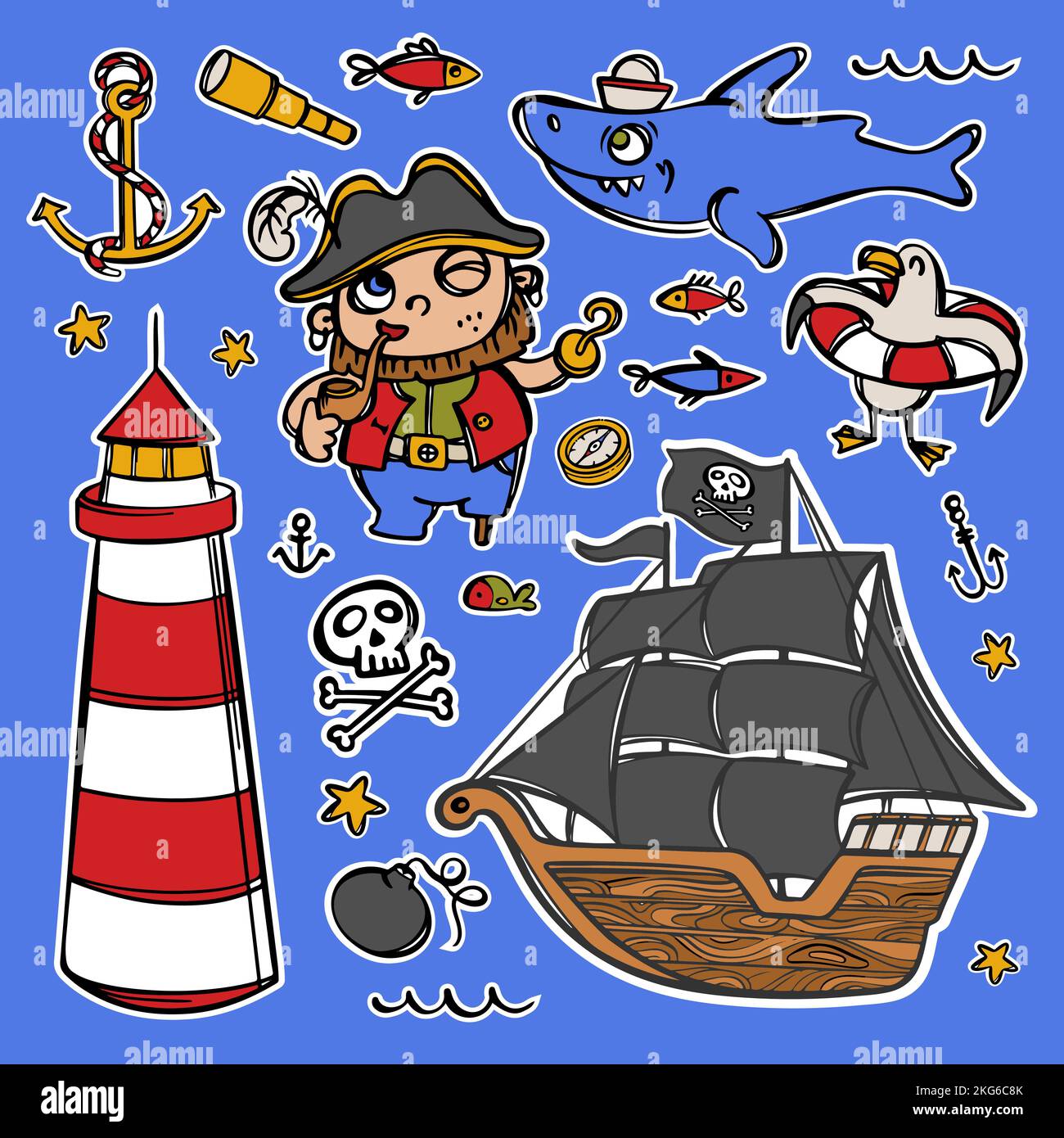 CAPTAIN HAKEN UND LEUCHTTURM Piraten Segelboot mit schwarzen Segeln Handgezeichnete Cartoon Aufkleber Meer Attribute und Objekte Vektor Illustration Set für Design Stock Vektor
