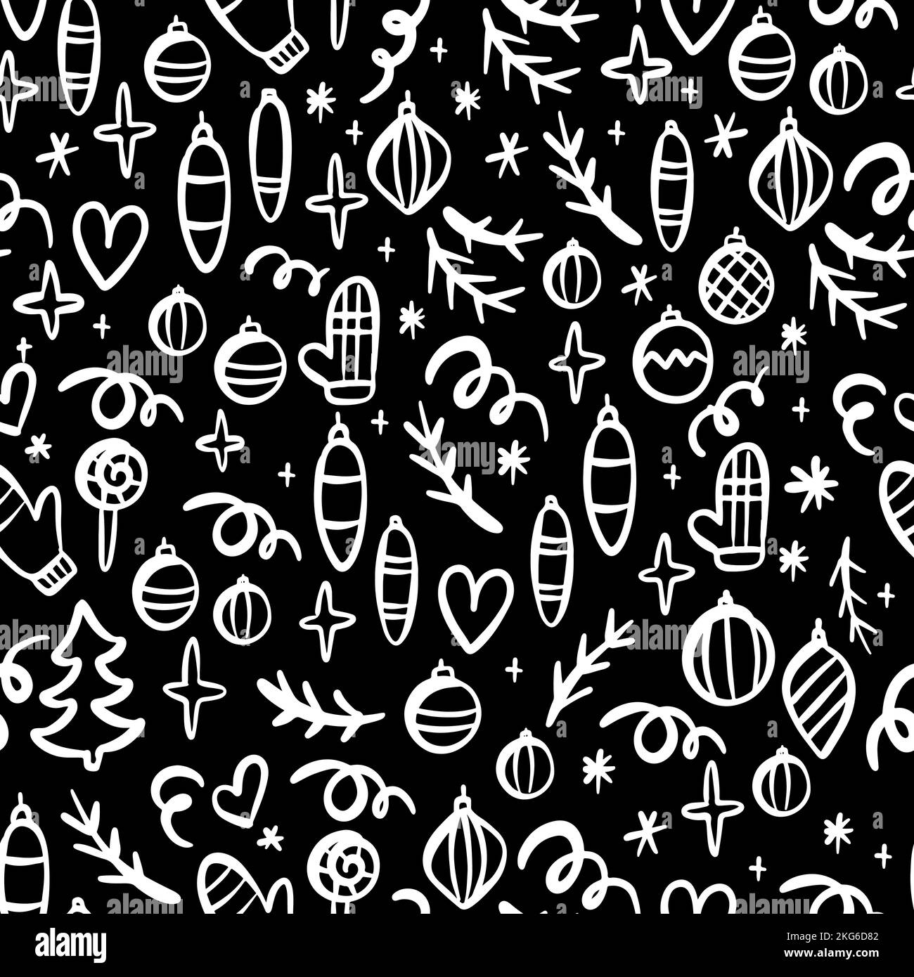 WEIHNACHTEN HINTERGRUND Doodle Symbole Dekoration Grußkarte Neujahr Winterurlaub Weiß auf Schwarz Cartoon Nahtloses Muster Vektor Illustration Stock Vektor