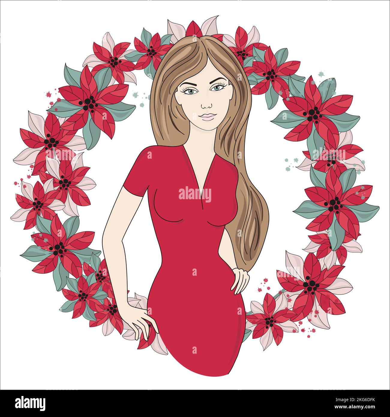 WEIHNACHTS-IKONE Blumenkranz Mädchen Porträt Cartoon Vektor Illustration Set für den Druck Stock Vektor