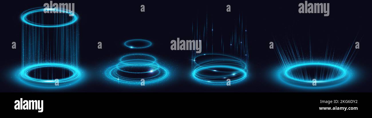 Magische Portale, blauer Hologramm-Effekt, futuristische Energiewirbel-Elemente. Ski-Fi-digitale Hi-Tech-Rundrahmen im HUD-Technologiestil. Teleport, GLOW gui, ui Virtual Reality Projektor, Vector Set Stock Vektor