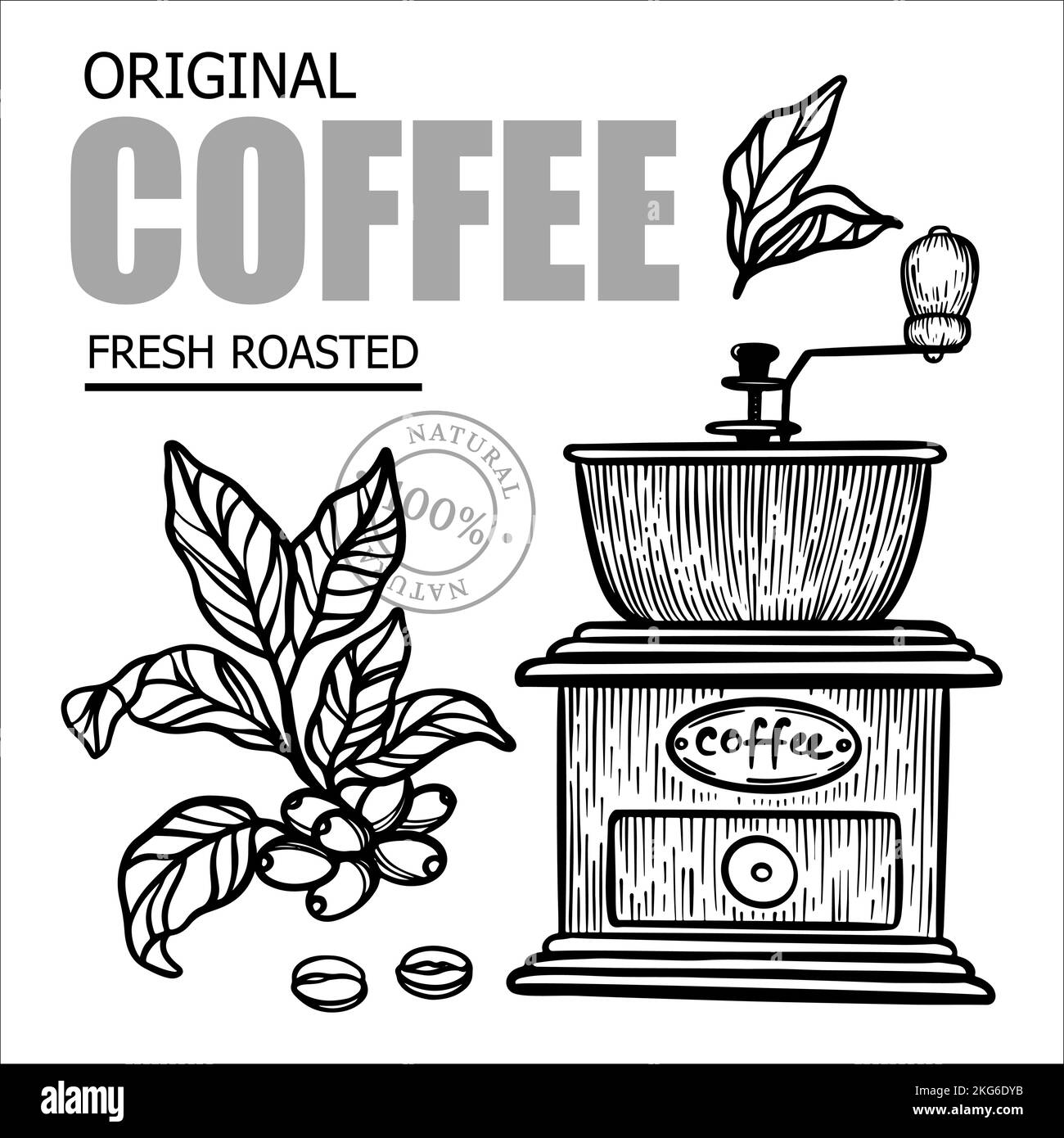 KAFFEEMÜHLE UND KAFFEEBRANCHE Design von Aufklebern und Labels für den Shop von Dessert Drink Produkte im Vintage Style Handgezeichnete Vektor Illustration Set für Stock Vektor