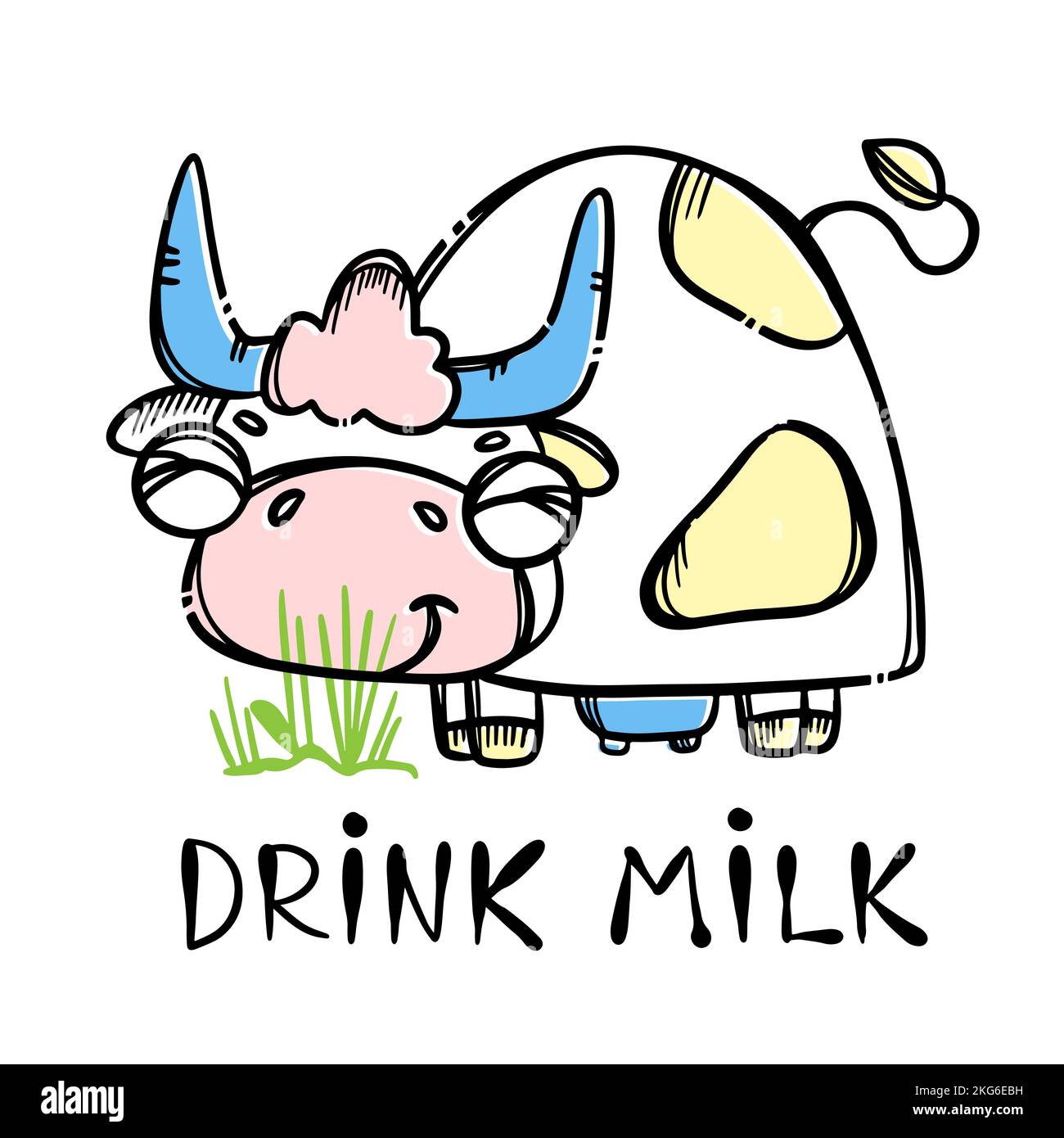 KUH FRISST GRAS Niedliches Lächeln Tier in Skizze Stil in Cartoon Farm gezeichnet, um Milch zu geben Poster mit Handschrift Text Clip Art Vektor Illustration Set Stock Vektor